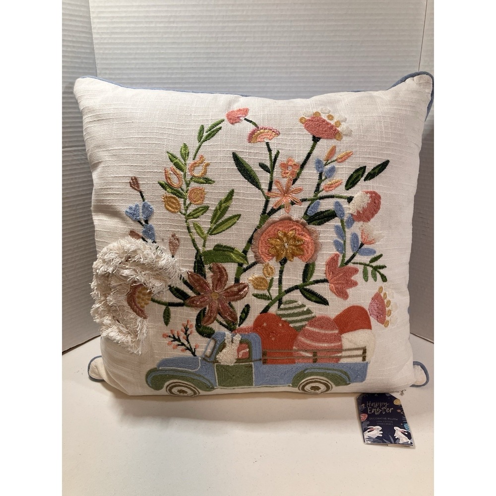 New Envouge Happy Easter 16" Pillow Cottage Core Farmhouse Bunny Rabbit Truck